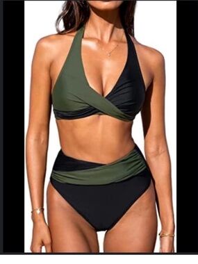 CUPSHE Colorblock Wrap Halter High Waisted Bikini Set Swimwear NWT Size S